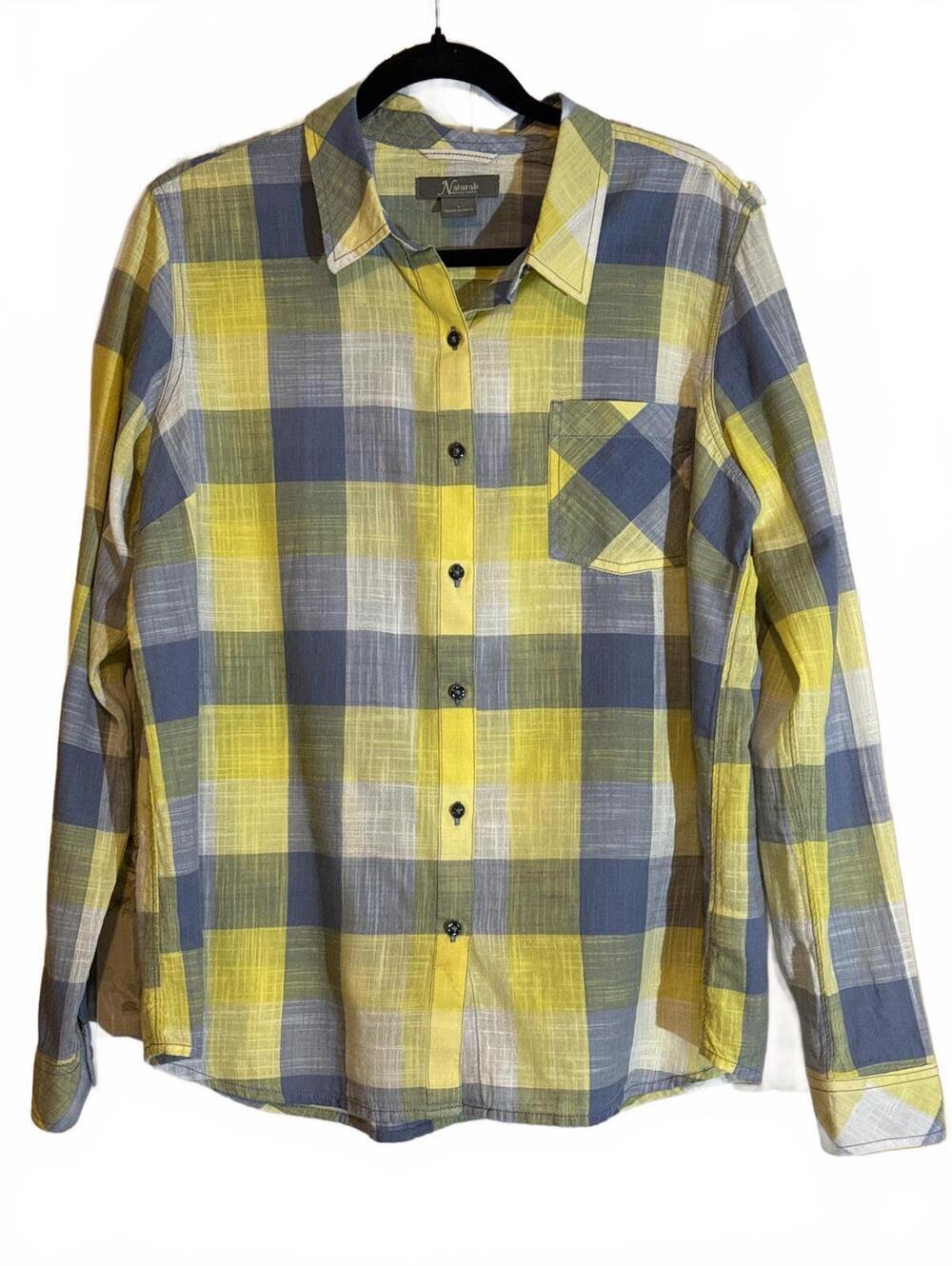 Natural Reflections Women's Large Yellow and Gray Plaid Button-Up Shirt